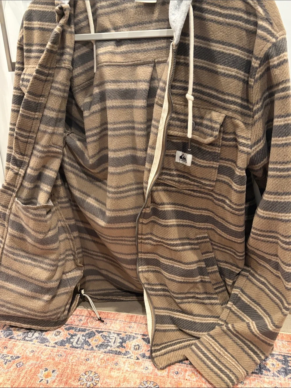 Quiksilver Hooded Striped Flannel Jacket in Brown and Gray